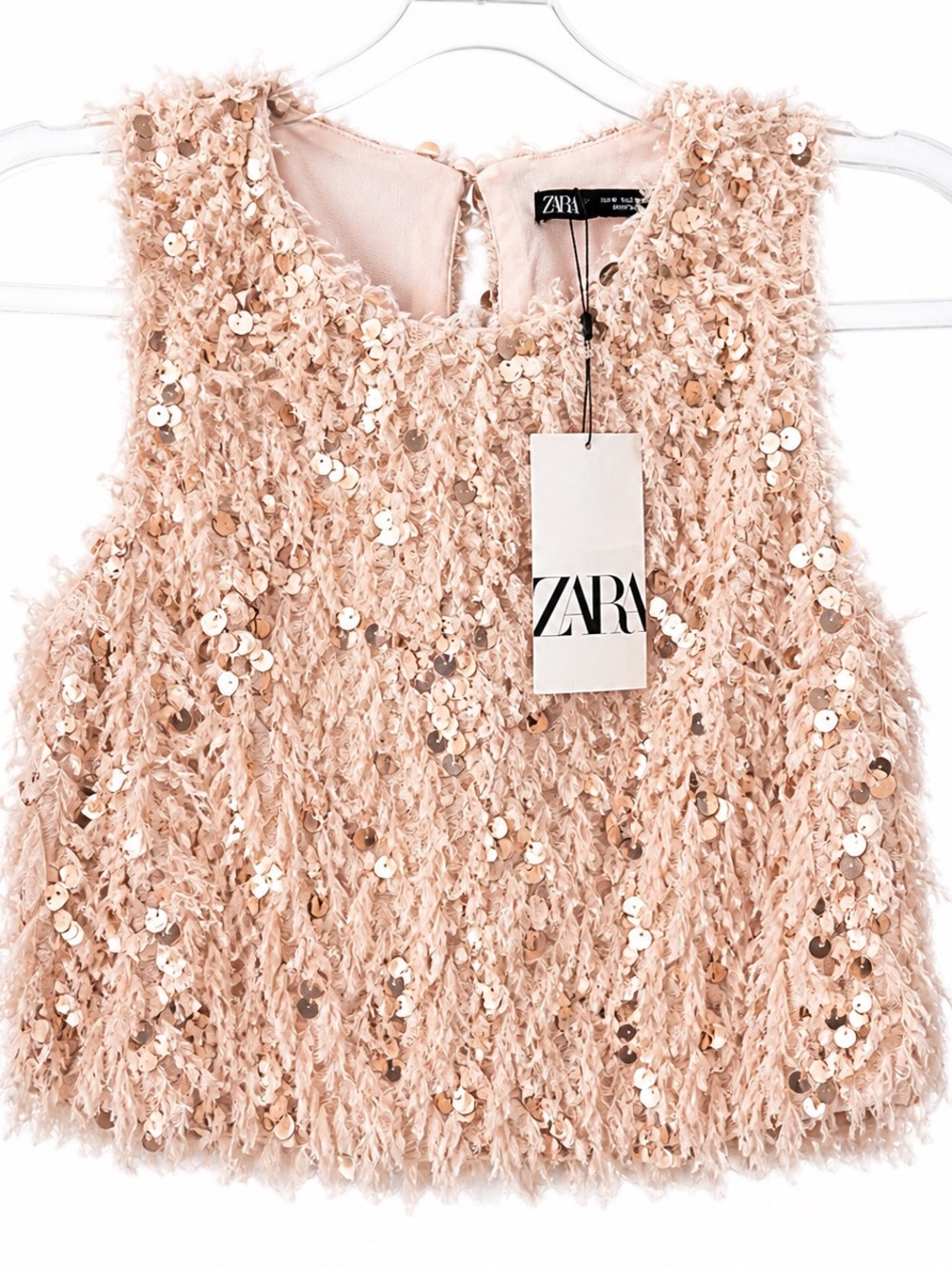 ZARA Blush Sequin Fringe Top NWT Textured Feather Party Tank Sz M Bubble Hem